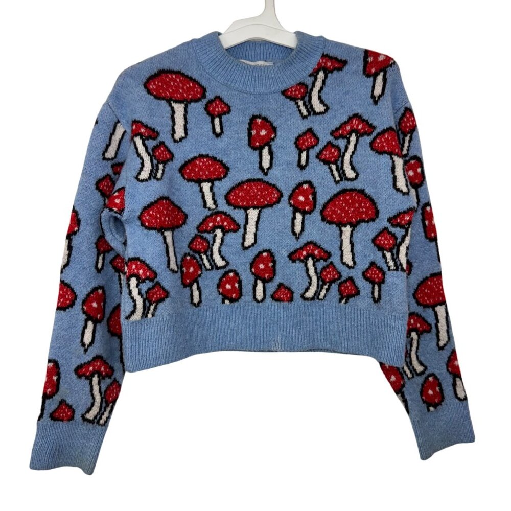 ZARA Whimsical Mushroom Knit Sweater Blue Red Toadstool Cottagecore Pullover S